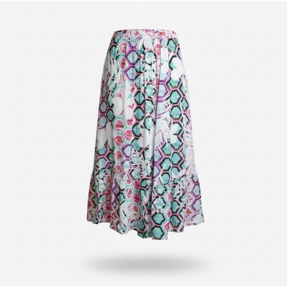 120% Lino Skirt Womens L White Pink Teal Printed Linen Maxi Ruffle High Low New